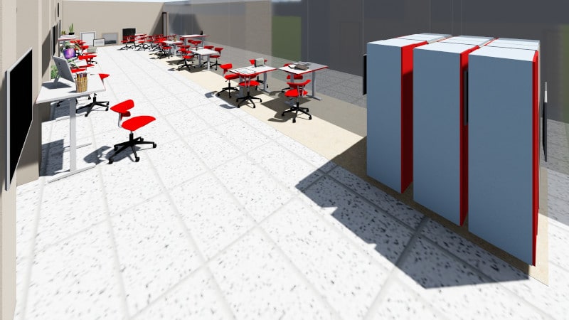 Digital mock up of Flex Learning Space featuring movable walls and red chairs