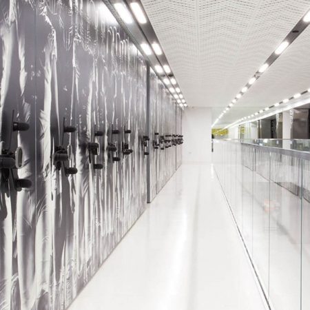 Oregon Univeristy football team equipment room, long angle shot